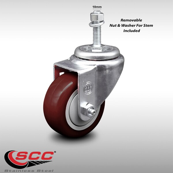 3 Inch SS Maroon Polyurethane Wheel Swivel 10mm Threaded Stem Caster SCC